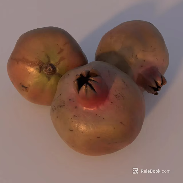 Three Fresh Ripe Whole Pomegranates With Natural Red Brown Skin Texture 3d model 
