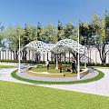 Pergola with Net-like Structure in Park Square Surrounded by Trees and Circular Platform for Relaxing