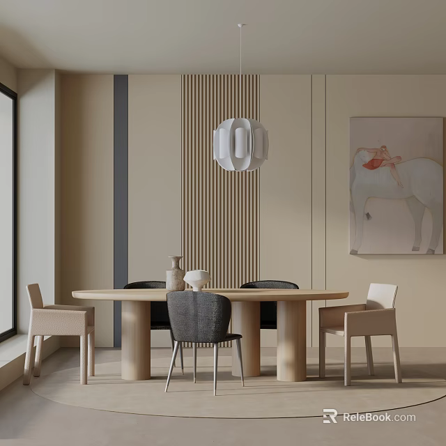 Modern Dining Table Set with Round Table Chairs Vertical Striped Wall Pendant Light and Painting 3d model 