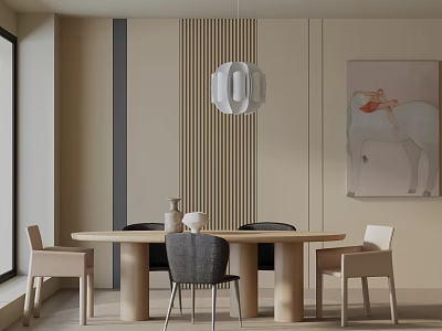 Modern Dining Table Set with Round Table Chairs Vertical Striped Wall Pendant Light and Painting 3d model