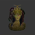 Mythical Character Head With Snake Like Hair Golden Crown And Yellow Eyes Green Texture