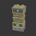 Cartoon Scene Multi Storey Building With Bright Windows Colorful Bottom Decorations And Sloped Roofs