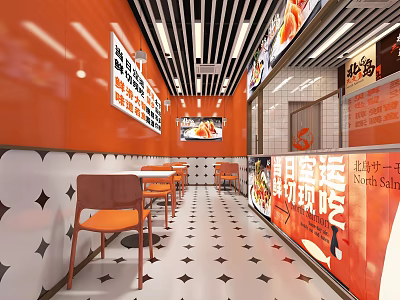 Vibrant Hotpot Restaurant Interior With Orange Walls Diamond Patterned Floor And Menu Posters 3d model