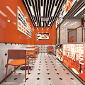 Vibrant Hotpot Restaurant Interior With Orange Walls Diamond Patterned Floor And Menu Posters