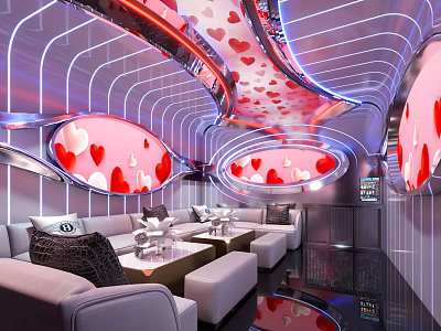 Stylish KTV Lounge Interior With Pink Heart Shaped Decor And Neon Lights 3d model