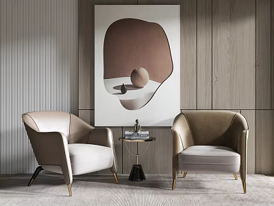Leisure Sofa Set with Two Armchairs Small Side Table and Abstract Painting Against Wooden Wall 3d model