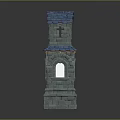 Cartoon Scene Stone Tower With Blue Roof Arched Windows And Gray Base