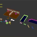Japanese Style Room Scene Components With Wooden Floor Partition Green Tables Blue Platform And Railings