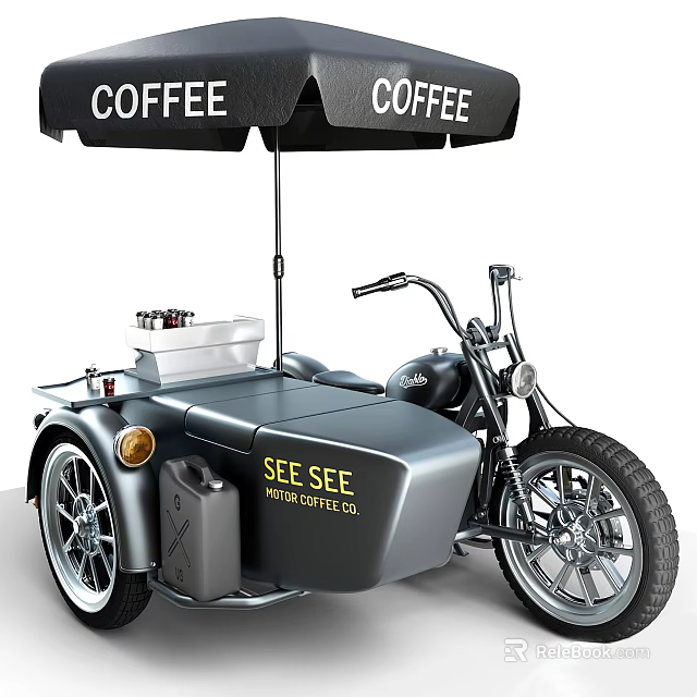 Stylish Mobile Coffee Tricycle With Coffee Umbrellas And Branded Signage 3d model 