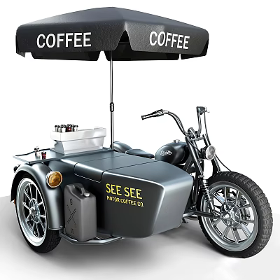 Stylish Mobile Coffee Tricycle With Coffee Umbrellas And Branded Signage 3d model