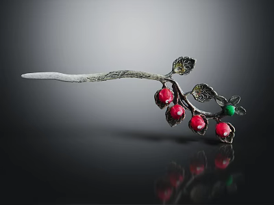Ornate Silver Metal Hairpin With Decorative Leaves Red And Green Beads 3d model