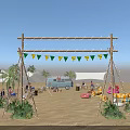 Outdoor Garden Landscape With Wooden Archway Green Yellow Bunting Flags Palm Trees And Beach Seating
