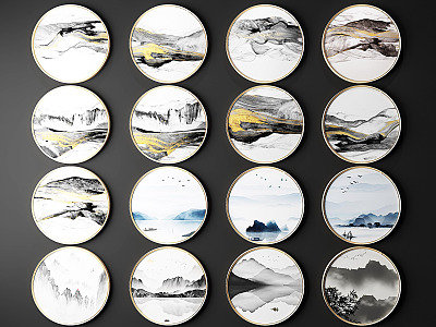 New Chinese Style Round Frame Painting Zen Style Round Landscape Ink Painting Combination model