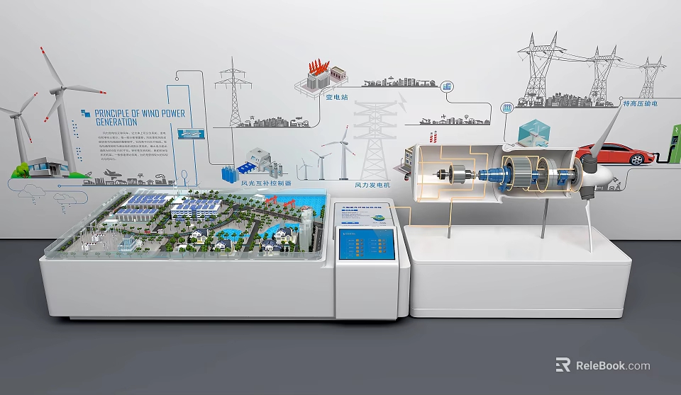 Sand Table Displaying Power Facilities And Energy System Models With Wind Turbines Industrial Diagrams 3d model 