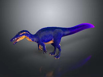 Vibrant Blue Purple And Yellow Dinosaur Figure Standing On Reflective Surface 3d model