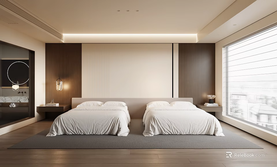 Minimalist Modern Hotel Room With Two Beds White Sheets Wooden Walls And Large Windows 3d model 