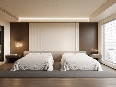 Minimalist Modern Hotel Room With Two Beds White Sheets Wooden Walls And Large Windows 3d model
