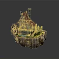Scenic Floating Island Landscape Featuring Wooden House Red Roof Windmill And Green Trees