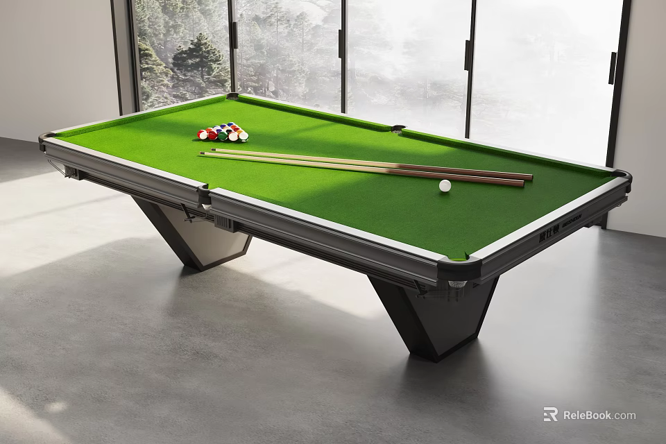 Modern Billiard Room With Green Pool Table Balls Cues White Ball Large Windows Scenic View 3d model 