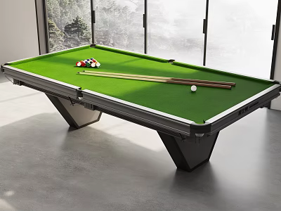 Modern Billiard Room With Green Pool Table Balls Cues White Ball Large Windows Scenic View 3d model