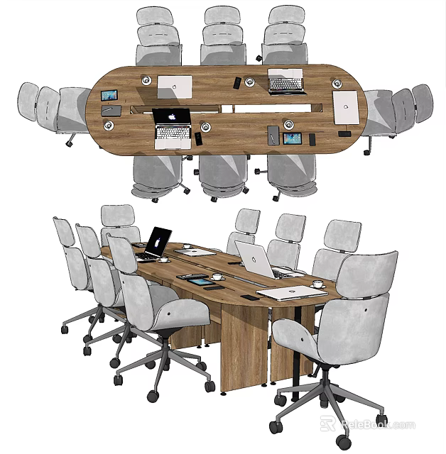 Modern Wooden Conference Table With Gray Office Chairs Laptops And Documents 3d model 