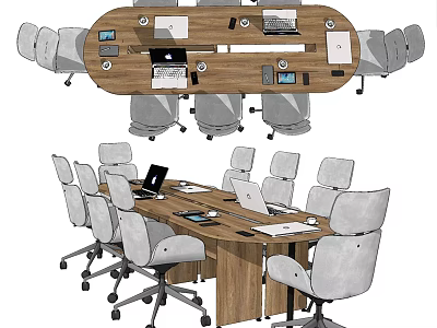 Modern Wooden Conference Table With Gray Office Chairs Laptops And Documents 3d model