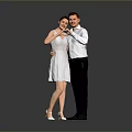Woman in white dress making heart shape with man against gray background and floor reflection