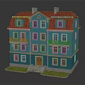 Multi Story Residential Building With Blue Exterior Red Roof Balconies Red Door Lawn And Steps