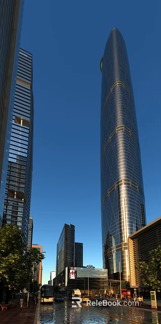 Modern Commercial Complex With Tall Glass Curtain Wall Buildings Against Blue Sky 3d model 
