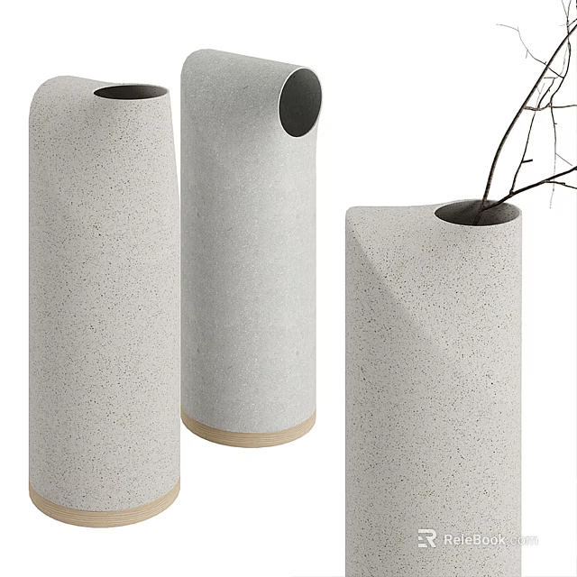 Modern Textured Vases With Wooden Base And Decorative Branches In Contemporary Design 3d model 