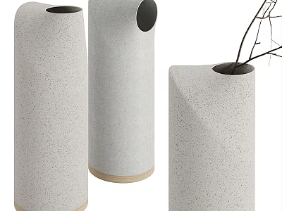 Modern Textured Vases With Wooden Base And Decorative Branches In Contemporary Design 3d model