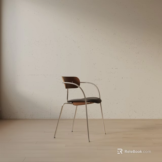 Modern Dining Chair With Brown Wooden Backrest Black Seat And Metal Legs 3d model 