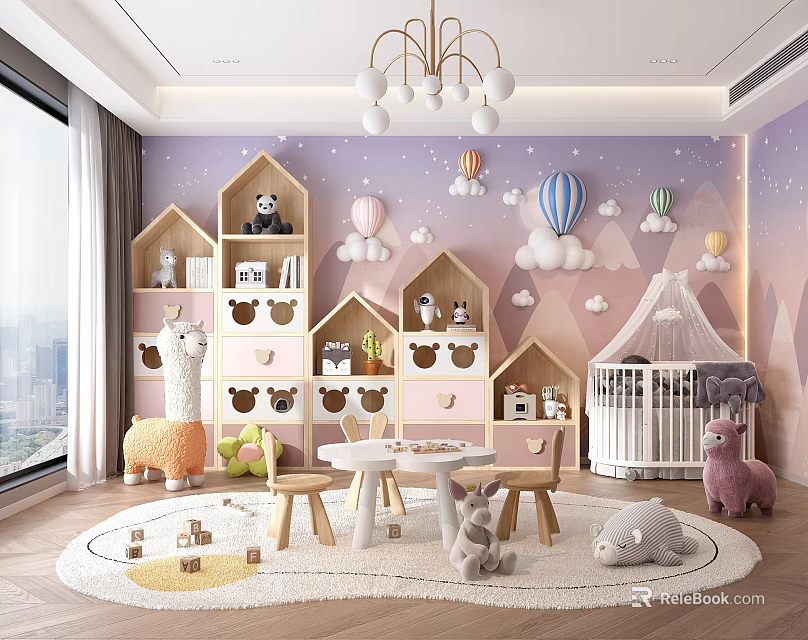 Cozy Kids Playroom With Pastel Purple Walls And Cartoon Decor 3d model 