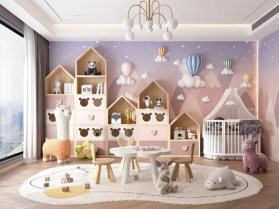 Cozy Kids Playroom With Pastel Purple Walls And Cartoon Decor 3d model