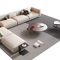 Beige L shaped Sofa And Circular Coffee Table With Fruits Books Striped Rug And Armchair