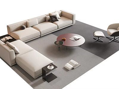 Beige L shaped Sofa And Circular Coffee Table With Fruits Books Striped Rug And Armchair 3d model