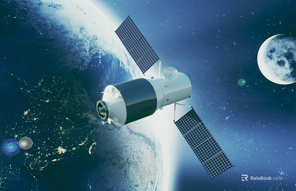 Satellite With Solar Panels Orbiting Earth And Moon In Deep Space 3d model 