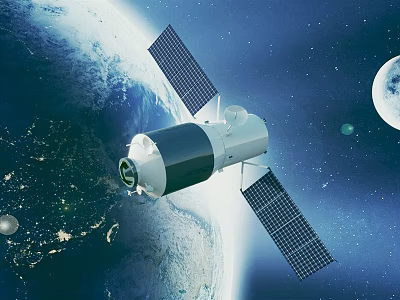 Satellite With Solar Panels Orbiting Earth And Moon In Deep Space 3d model