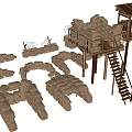 Tactical Military Defense Building Components With Sandbags Wooden Ladders And Watchtower Structures