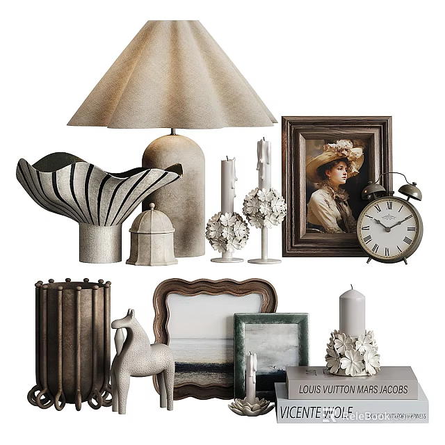 Decorative Ornaments Collection With Table Lamp Photo Frames Candle Holders And Vintage Clock 3d model 