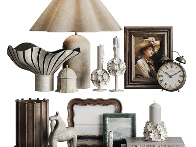 Decorative Ornaments Collection With Table Lamp Photo Frames Candle Holders And Vintage Clock 3d model