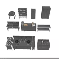 Professional Stainless Steel Kitchen Utensils With Stove Sink Cabinets And Shelves