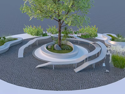 Curved White Outdoor Chairs in Circular Garden with Central Tree and Green Plants 3d model