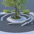 Curved White Outdoor Chairs in Circular Garden with Central Tree and Green Plants