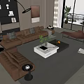 Modern Living Room Sofa and Coffee Table Set with Area Rug and Potted Plant