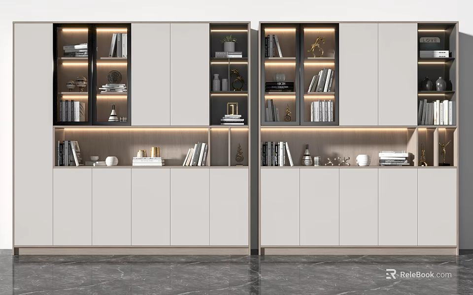 Modern Bookcase Interior Design With Built in Lighting Storage Shelves And Books 3d model 