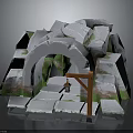 Natural Scenic Stone Archway With Stacked Stones Green Grass And Stone Slab Path