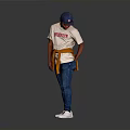 Man in white ERUDITE T-shirt blue cap brown belt blue jeans white sneakers gray background