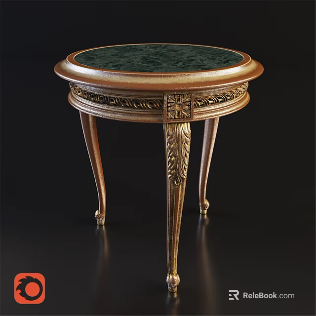 Elegant Round Dining Table With Green Marble Top And Brass Carved Legs 3d model 