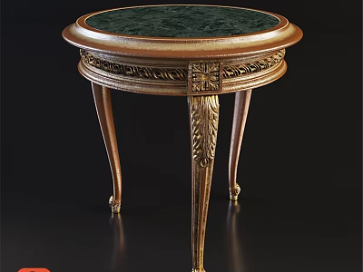 Elegant Round Dining Table With Green Marble Top And Brass Carved Legs 3d model